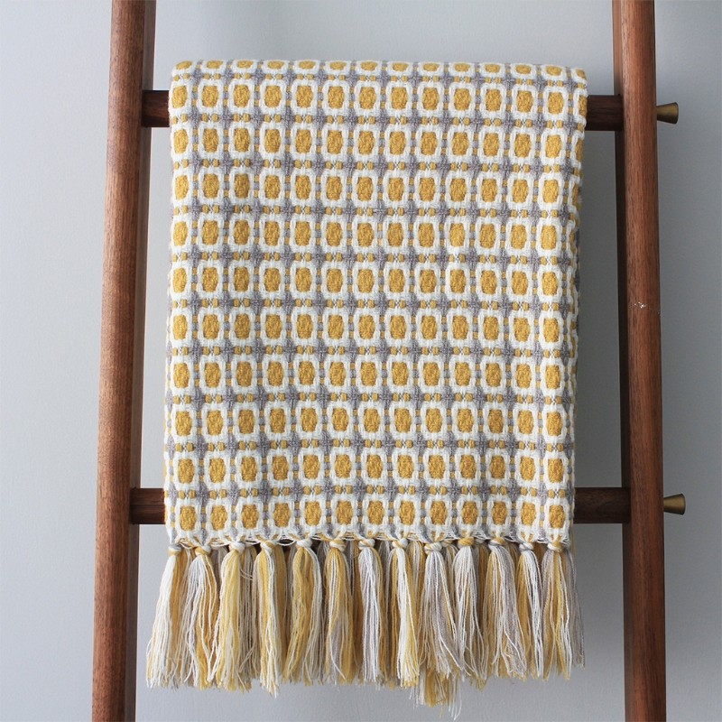 Pastoral Style Sofa Blanket Knitted Throws Simple Design Yellow Check Pattern Blanket Home Textiles