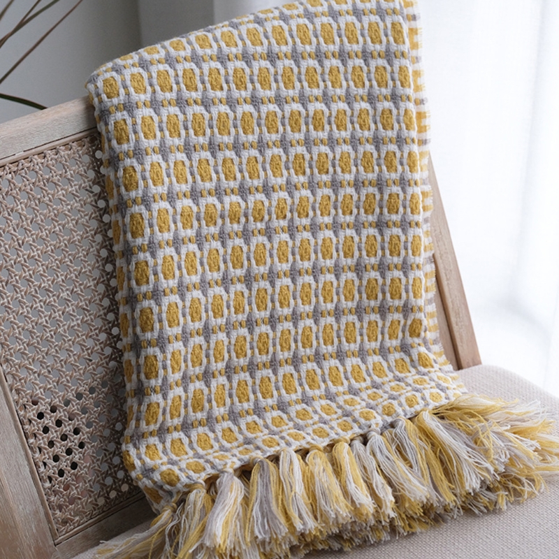 Pastoral Style Sofa Blanket Knitted Throws Simple Design Yellow Check Pattern Blanket Home Textiles