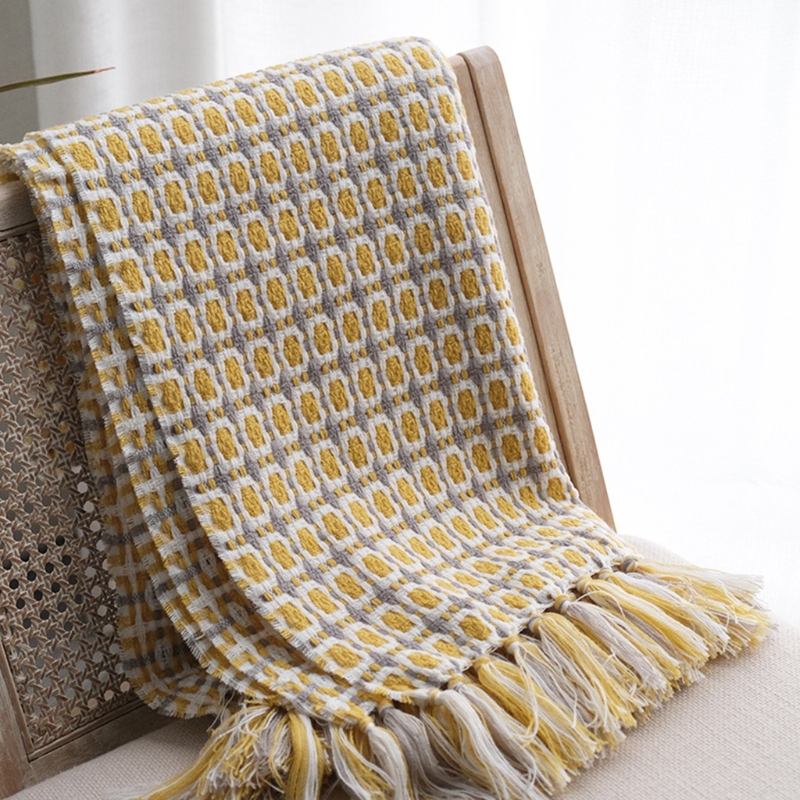 Pastoral Style Sofa Blanket Knitted Throws Simple Design Yellow Check Pattern Blanket Home Textiles
