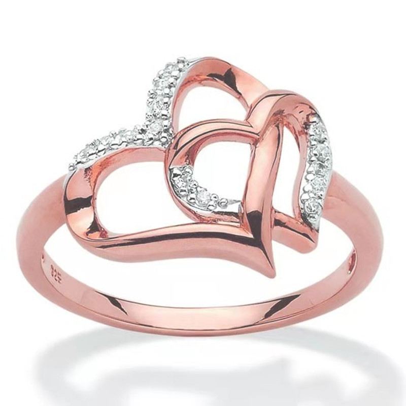 Modern women's finger ring, delicate, double heart crystal, rose gold cast wedding party gift 2021