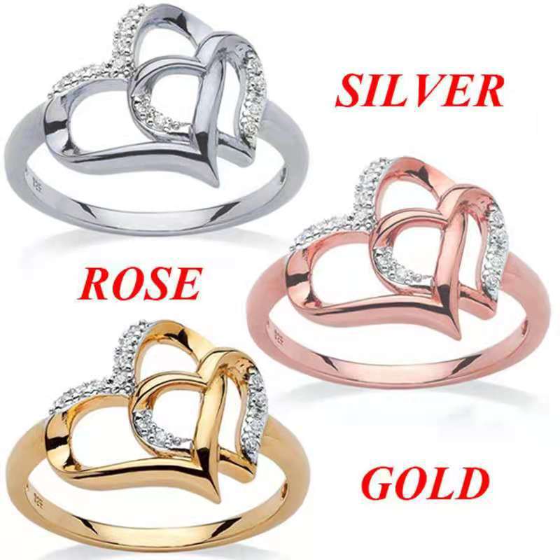 Modern women's finger ring, delicate, double heart crystal, rose gold cast wedding party gift 2021