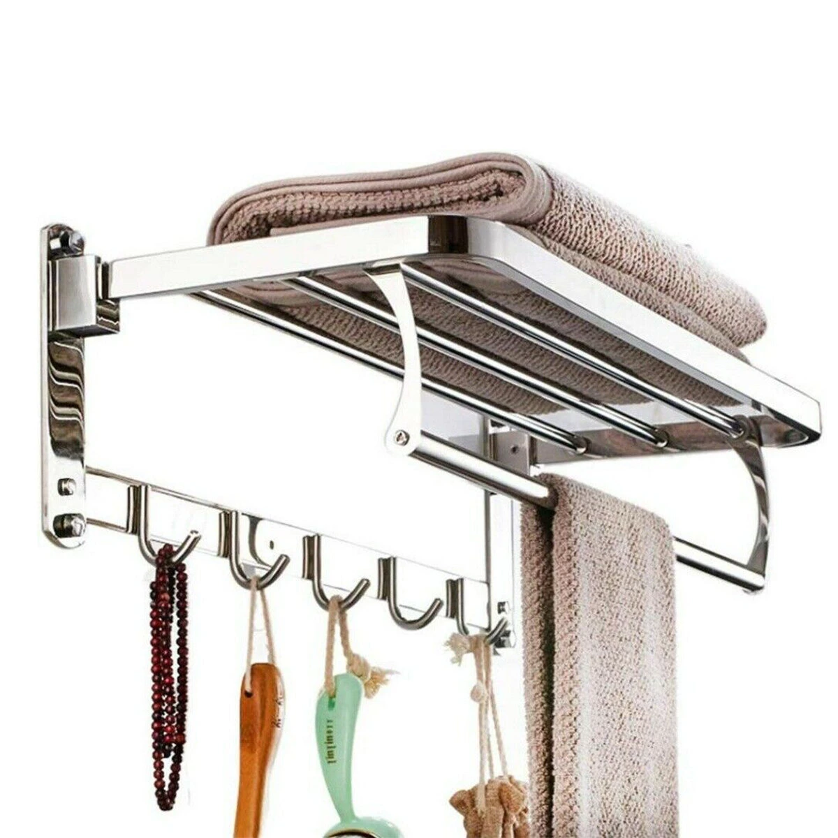 304 Stainless Steel Double Towel Rail Rack Shelf Wall Mounted Bathroom With 5 Hook