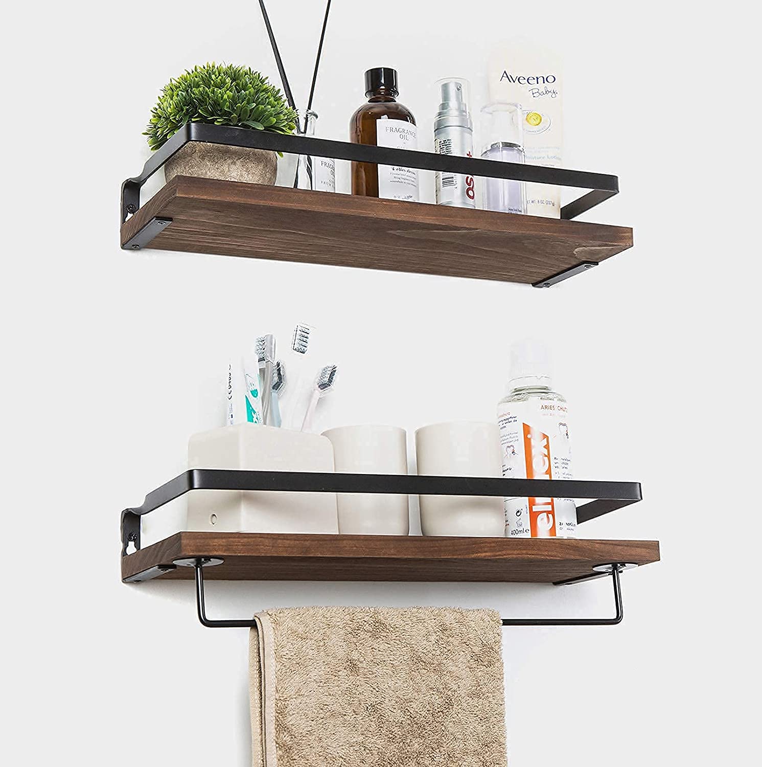 Set of 2 Brown Color Floating Shelves Wall Mounted Storage Shelves for Kitchen Bathroom