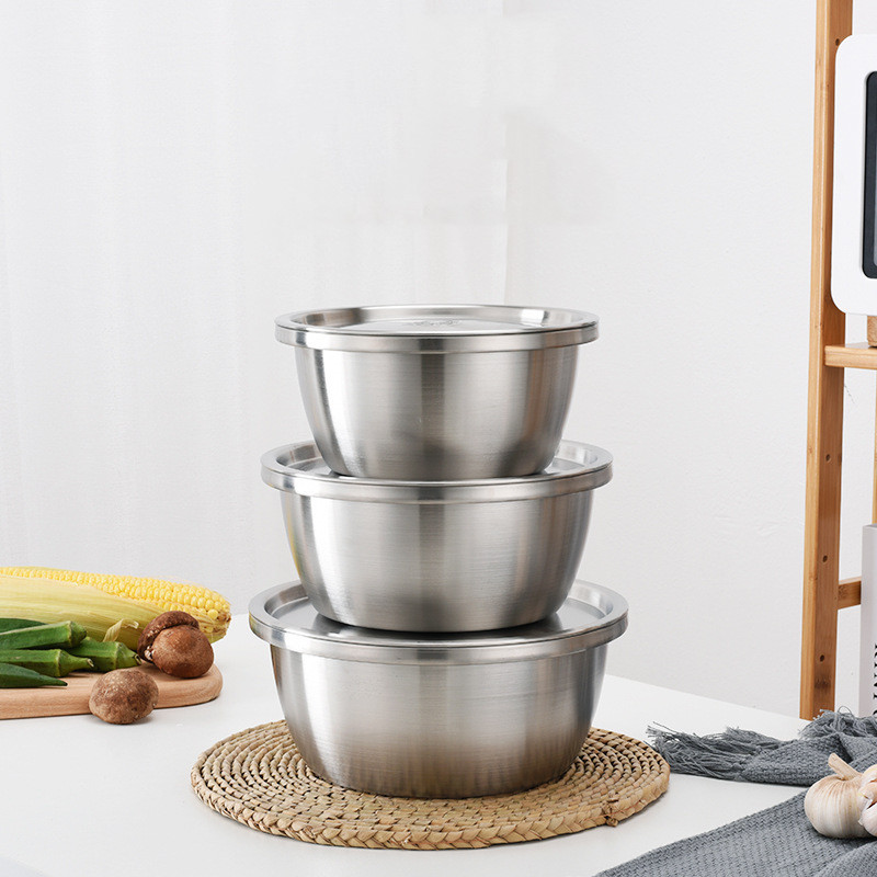 Set of stainless steel bowls, thick kitchen bowls for mixing salad with egg lid, vegetable bowl