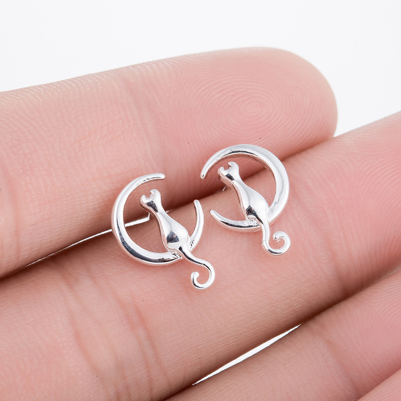 925 Sterling Silver Earrings Cat Moon Earrings Cat Lovers Gift for Women