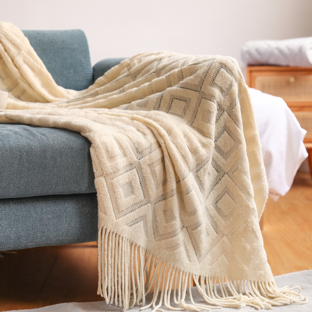 Sofa blanket Mesh blanket for geometric bed, jacquard sofa blanket with tassels, home decor