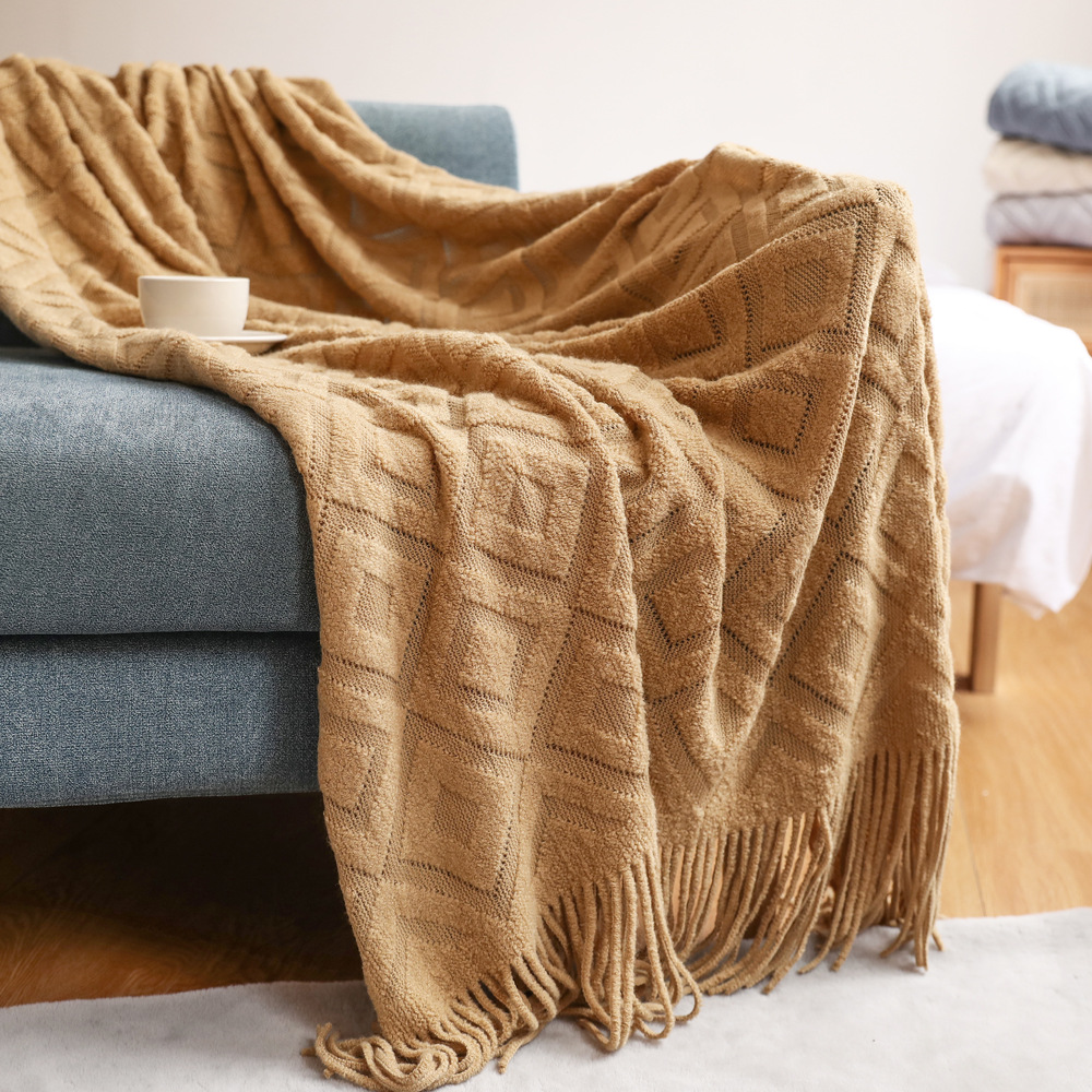 Sofa blanket Mesh blanket for geometric bed, jacquard sofa blanket with tassels, home decor
