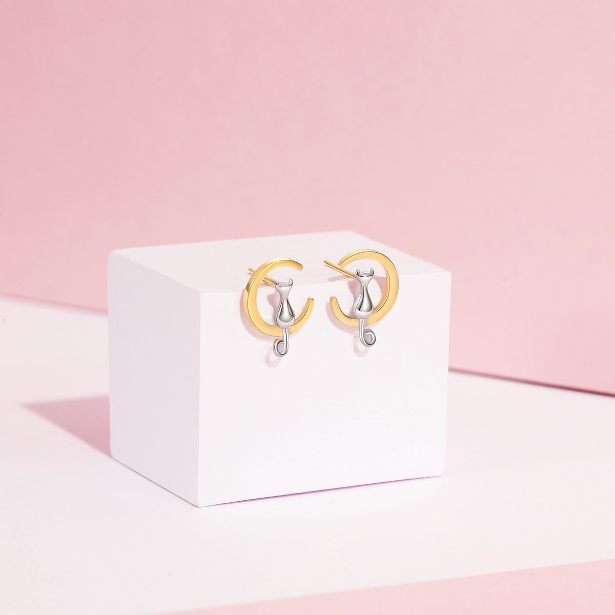 925 Sterling Silver Earrings Cat Moon Earrings Cat Lovers Gift for Women