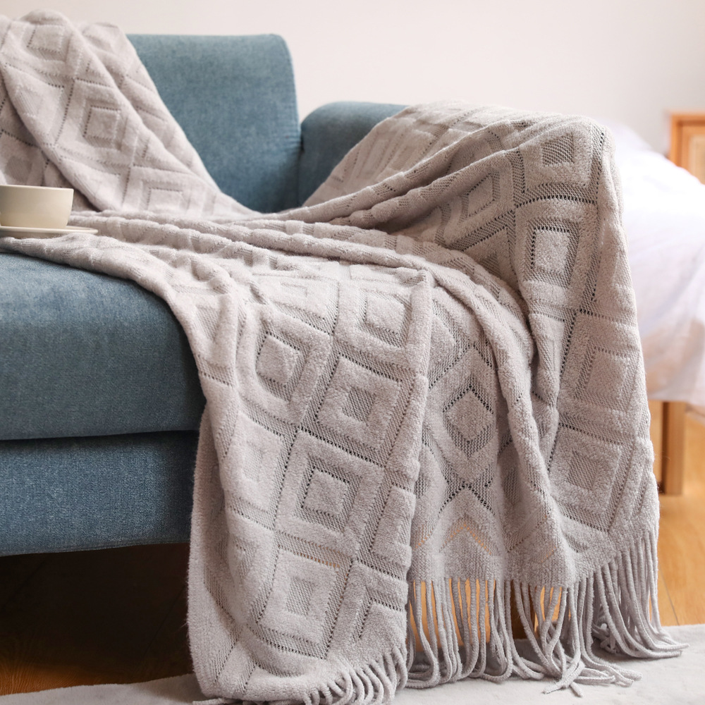 Sofa blanket Mesh blanket for geometric bed, jacquard sofa blanket with tassels, home decor
