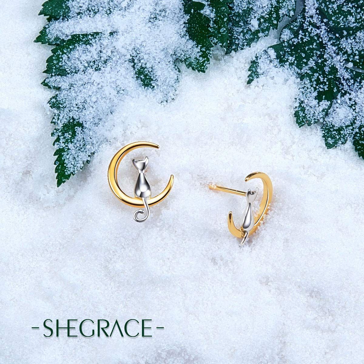 925 Sterling Silver Earrings Cat Moon Earrings Cat Lovers Gift for Women