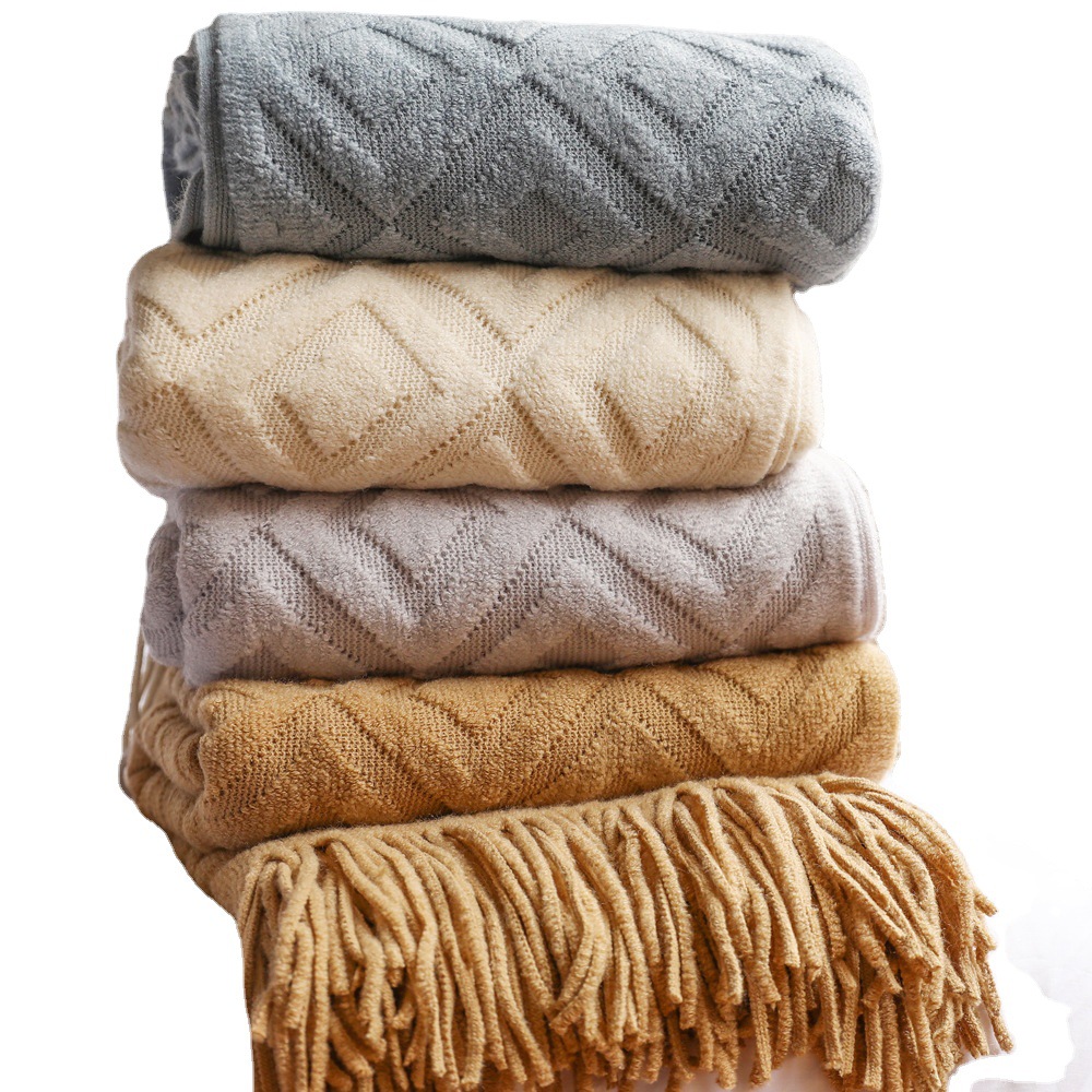 Sofa blanket Mesh blanket for geometric bed, jacquard sofa blanket with tassels, home decor