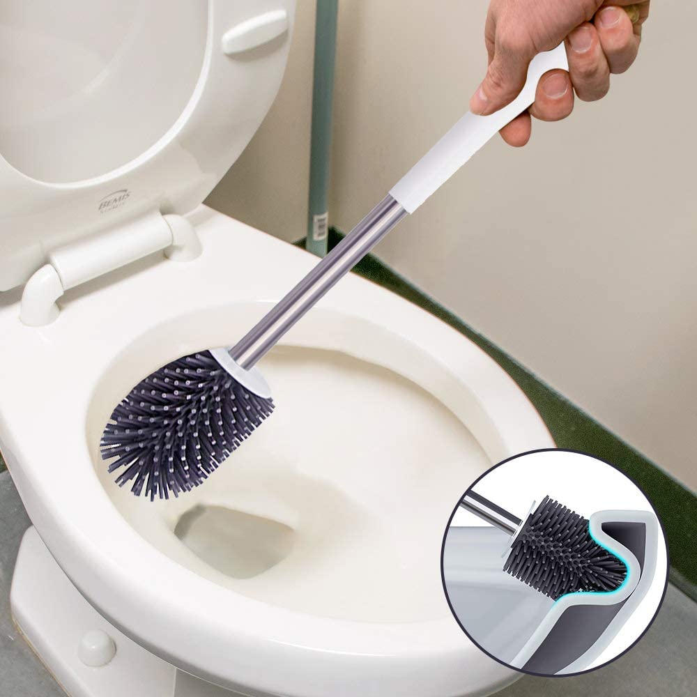 Toilet Brush , Silicone Bristles Bathroom Cleaning Bowl Brush Kit with Tweezers - White