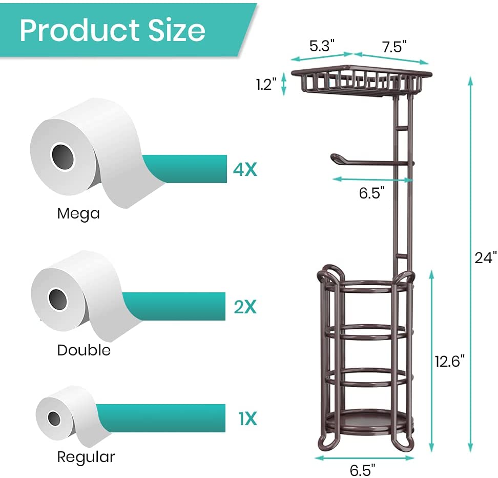 Toilet Paper Holder Stand Tissue Paper Roll Dispenser with Shelf for Bathroom Storage Holds