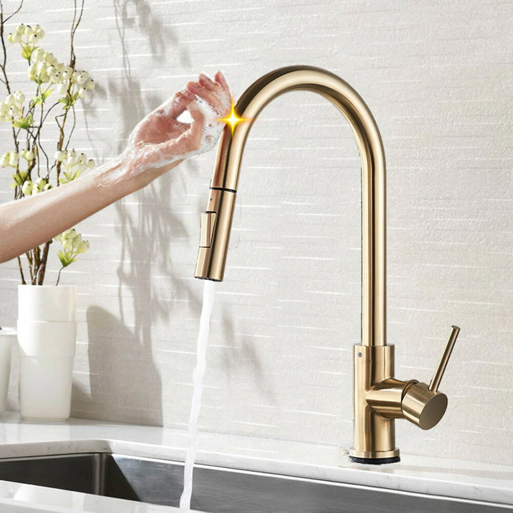 Gold Stainless Steel Kitchen Sink Faucets Mixer Smart Touch Sensor Pull Out Hot Cold Water