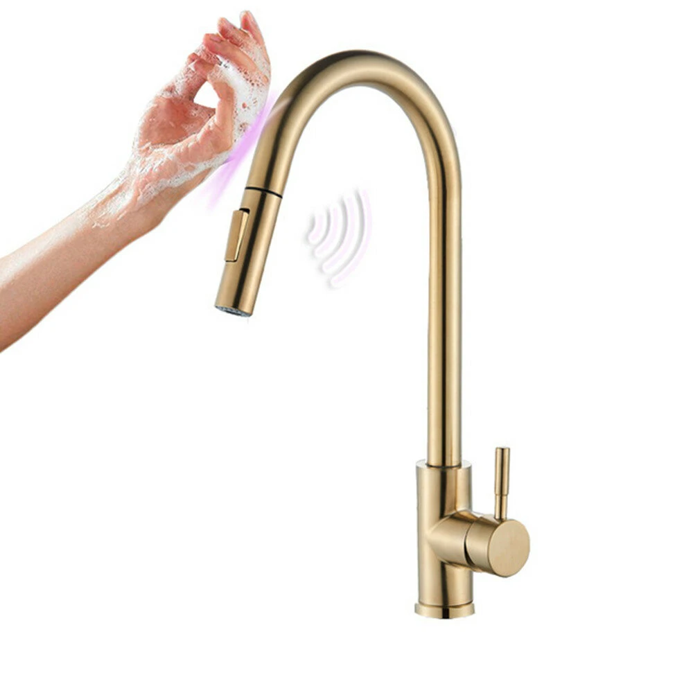 Gold Stainless Steel Kitchen Sink Faucets Mixer Smart Touch Sensor Pull Out Hot Cold Water