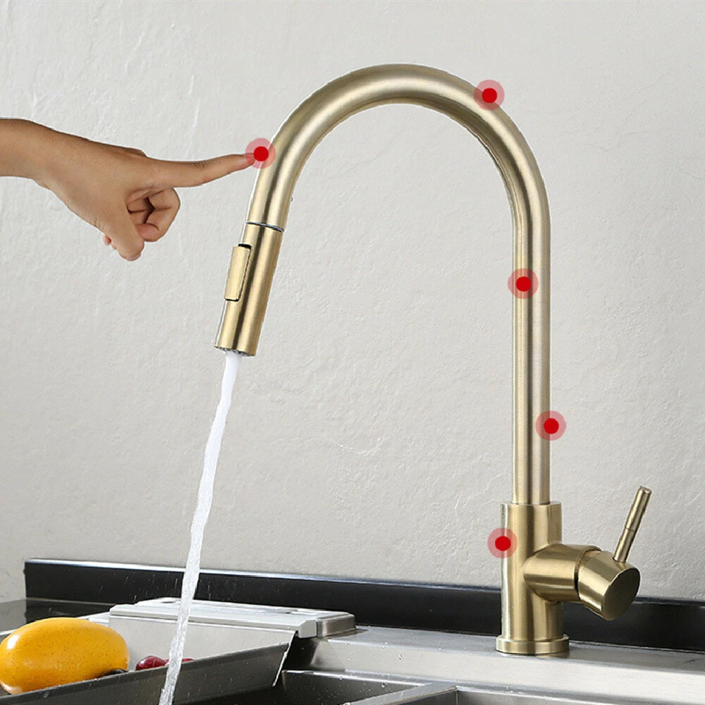 Gold Stainless Steel Kitchen Sink Faucets Mixer Smart Touch Sensor Pull Out Hot Cold Water
