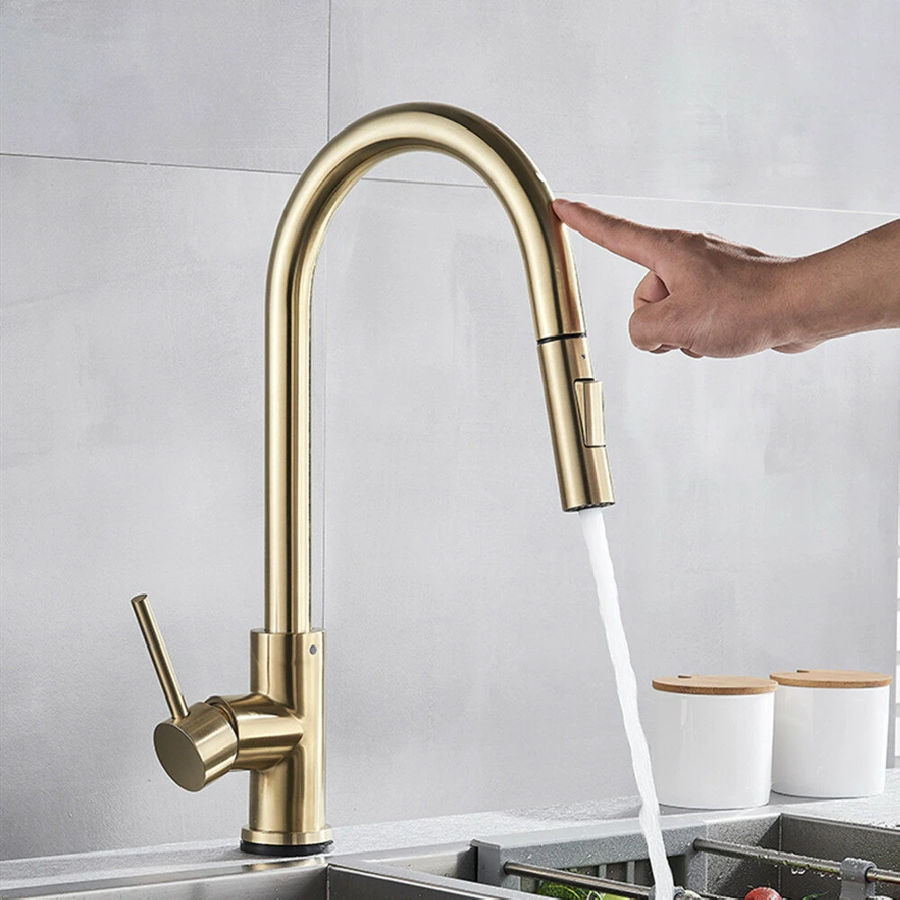 Gold Stainless Steel Kitchen Sink Faucets Mixer Smart Touch Sensor Pull Out Hot Cold Water