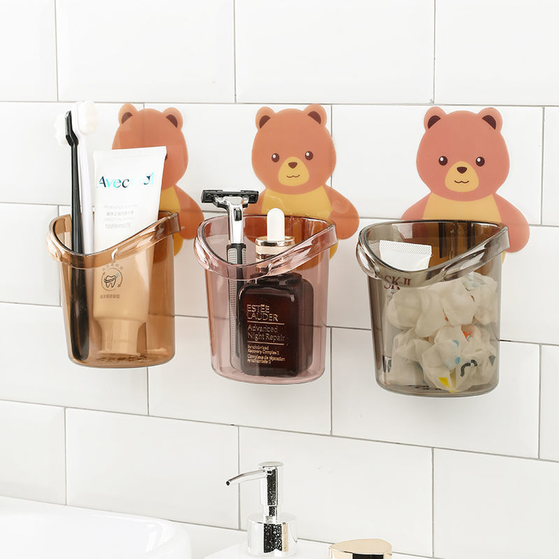 Wall mounted teddy bear toothbrush holder cup free punch storage rack organizer bathroom accessories
