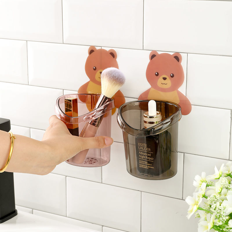 Wall mounted teddy bear toothbrush holder cup free punch storage rack organizer bathroom accessories