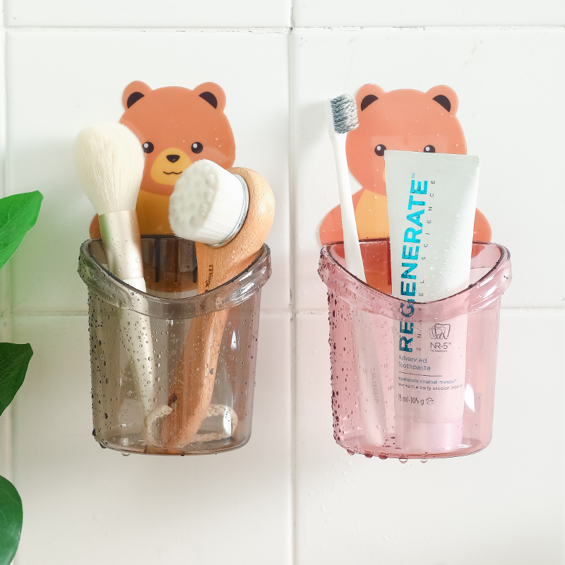 Wall mounted teddy bear toothbrush holder cup free punch storage rack organizer bathroom accessories