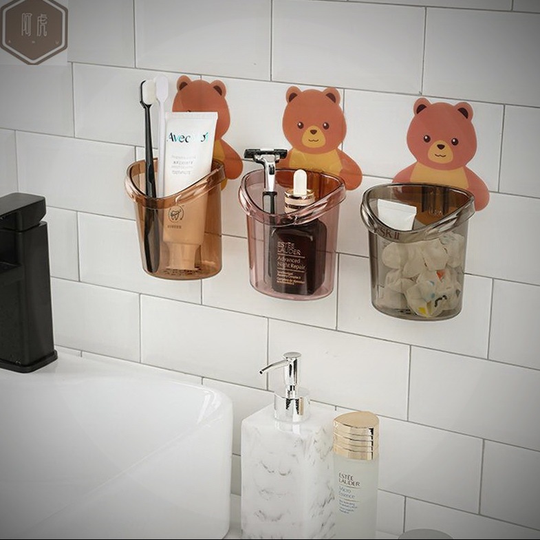 Wall mounted teddy bear toothbrush holder cup free punch storage rack organizer bathroom accessories