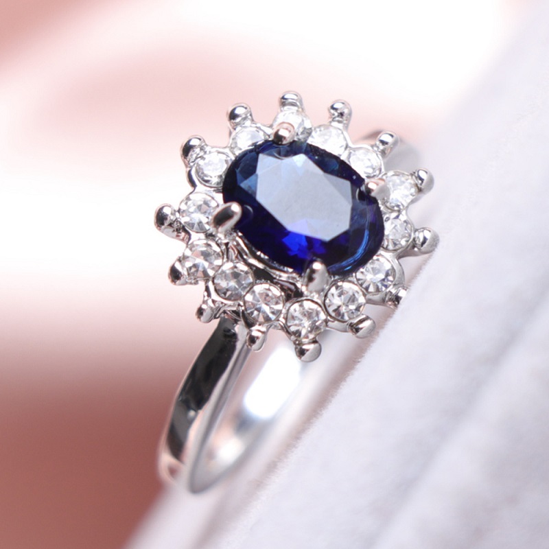 jewel inlay ring fashion jewelry, drill, blue color, sunflower, ring shape, women, wedding