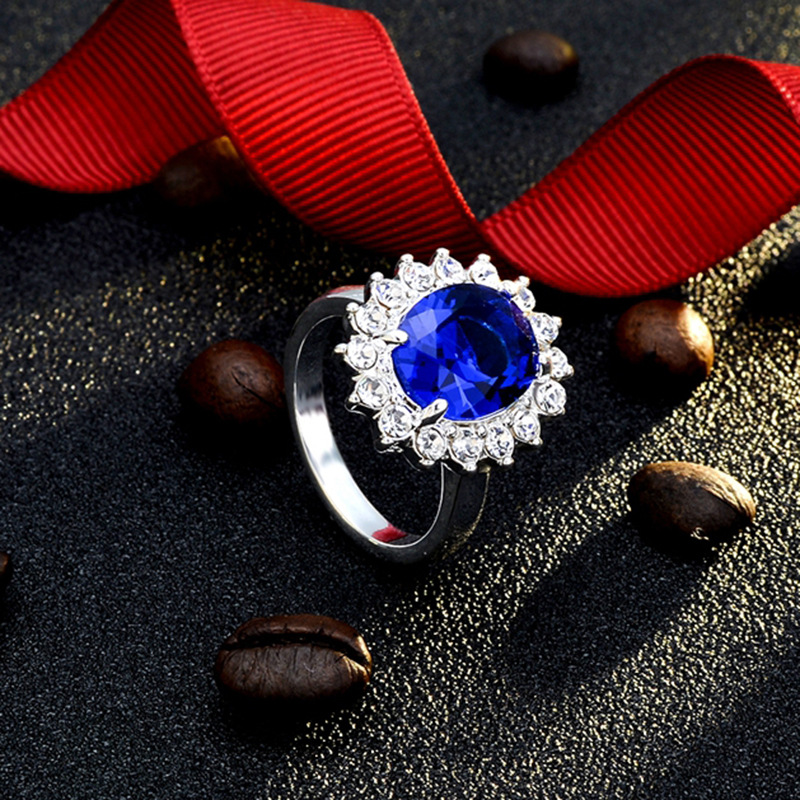 jewel inlay ring fashion jewelry, drill, blue color, sunflower, ring shape, women, wedding