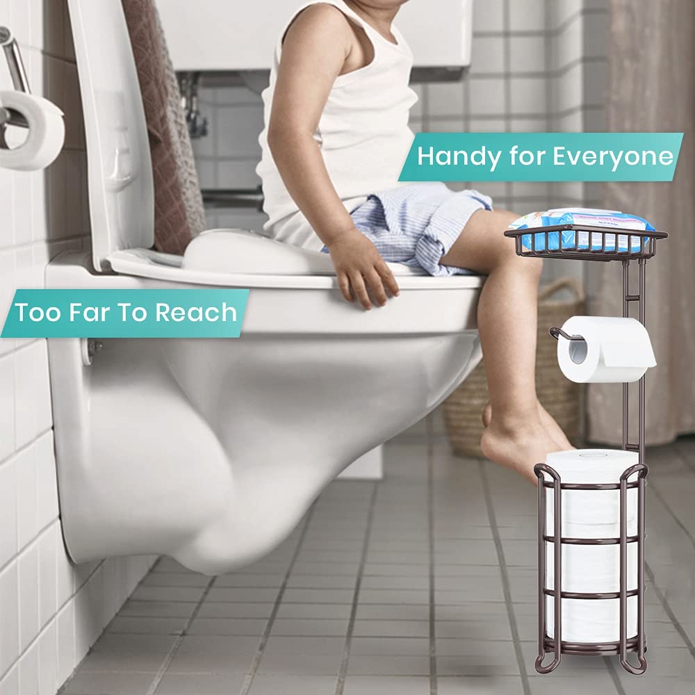 Toilet Paper Holder Stand Tissue Paper Roll Dispenser with Shelf for Bathroom Storage Holds
