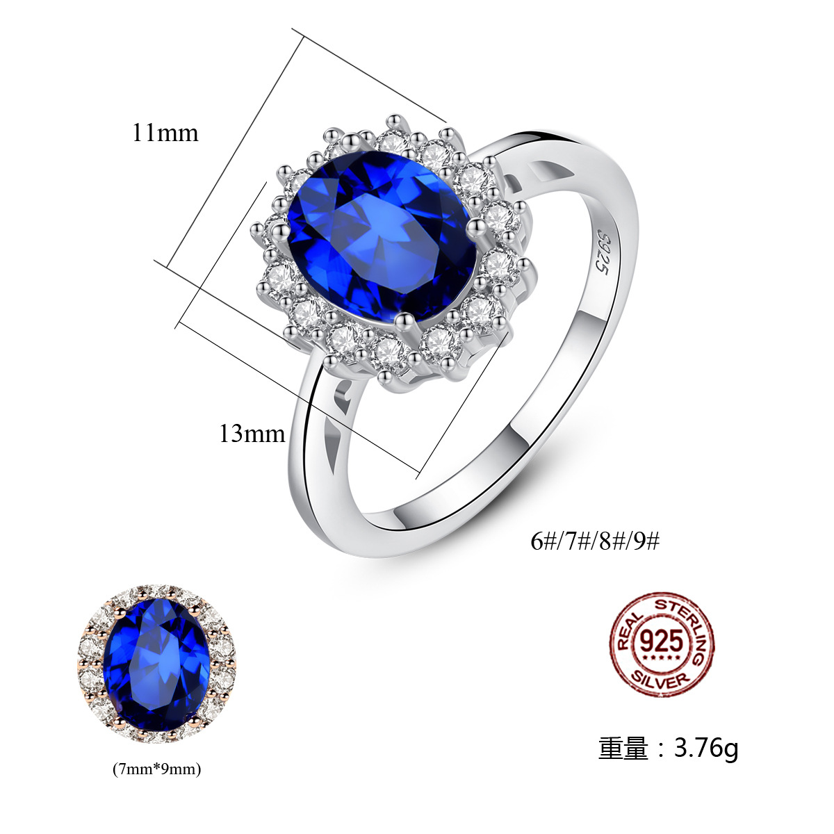 S925 sterling silver ring Diana Gemstone Ring Fashion Jewelry Diamond Blue Sunflower Women's Wedding