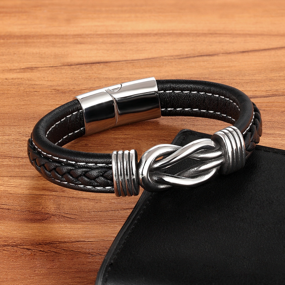 Men's Leather Bracelet, Leather Strap, Stainless Steel Combination for Birthday Celebration Gifts