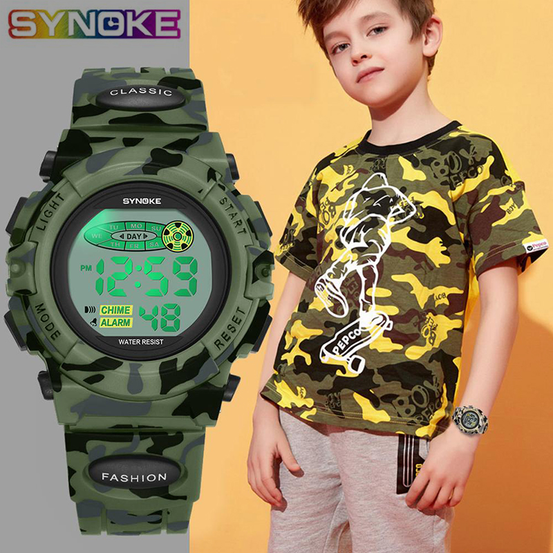 Synoke digital sports wristwatch for kids, military model luminous with green camouflage led alarm