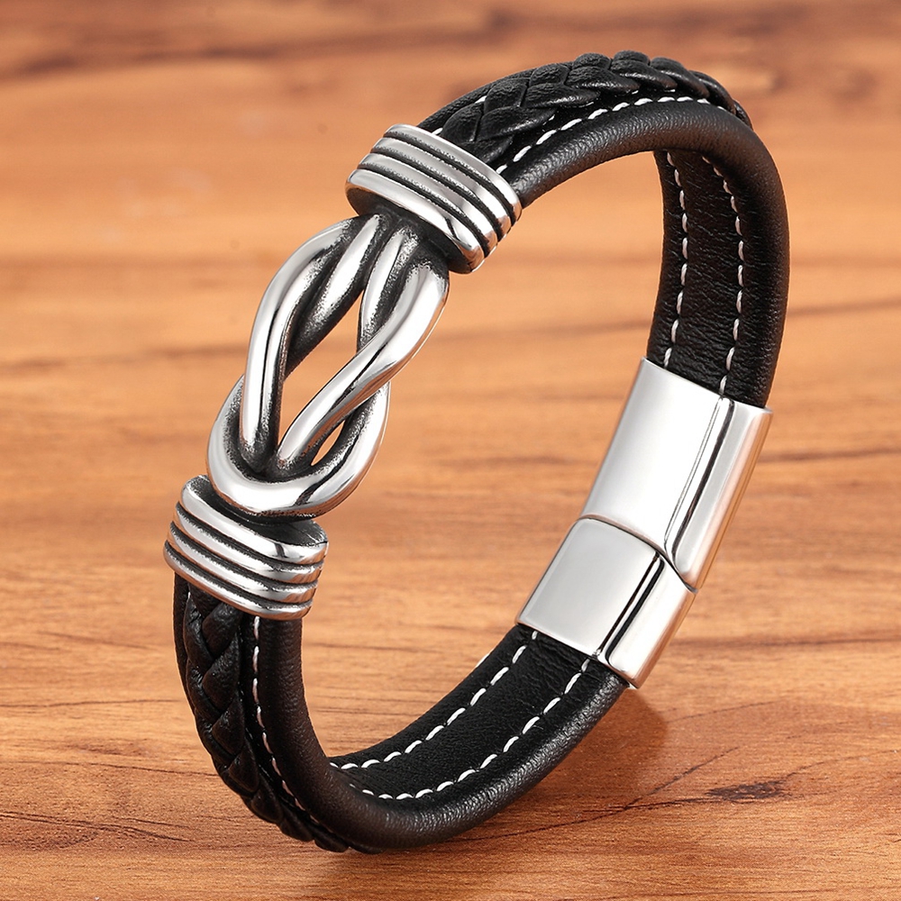Men's Leather Bracelet, Leather Strap, Stainless Steel Combination for Birthday Celebration Gifts