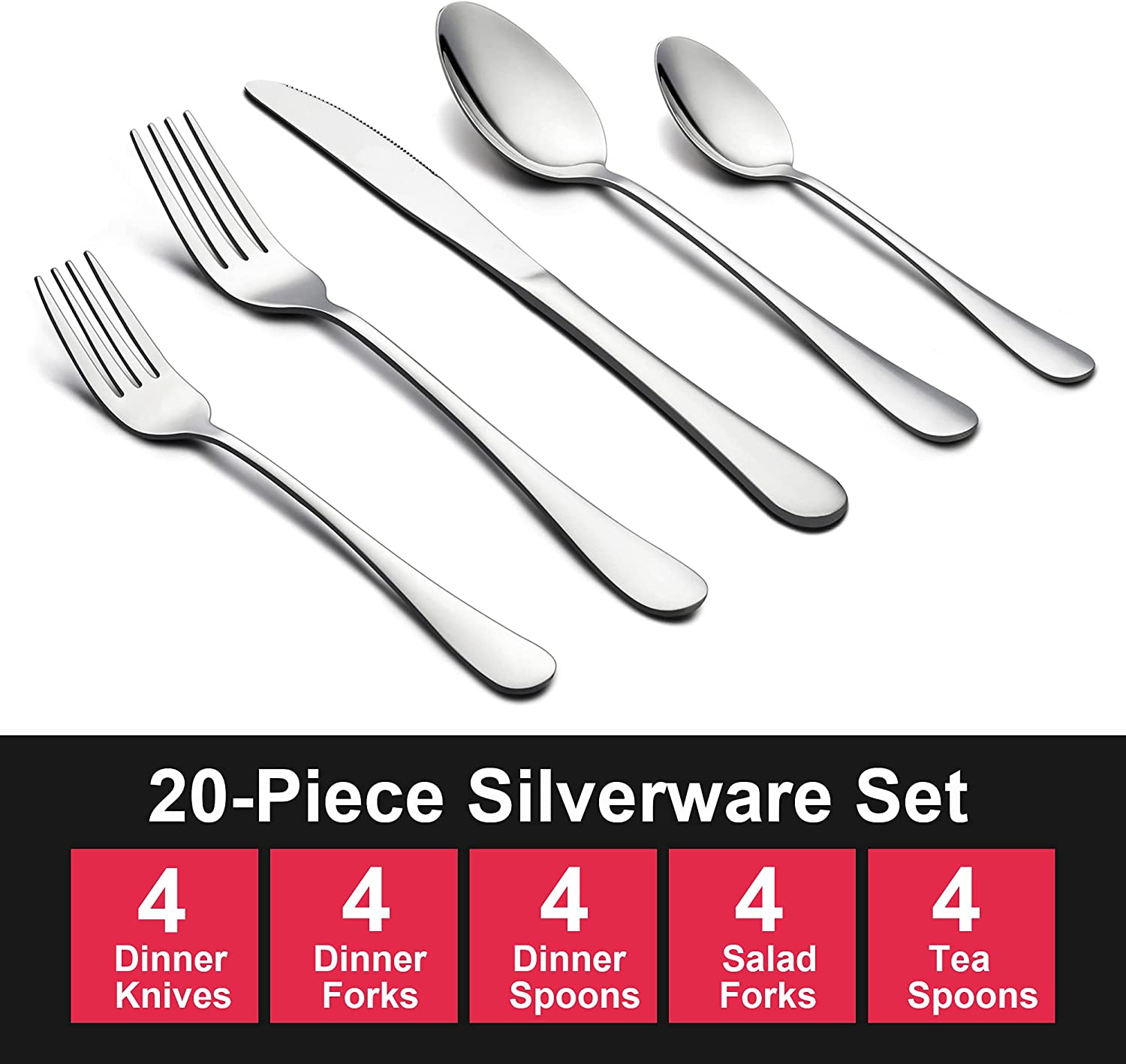 Stainless steel cutlery set for 4 people, including knife, fork and spoon, mirror polished