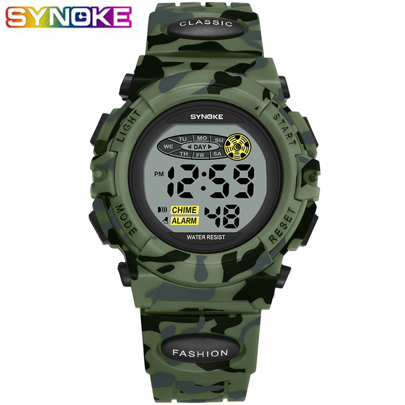 Synoke digital sports wristwatch for kids, military model luminous with green camouflage led alarm