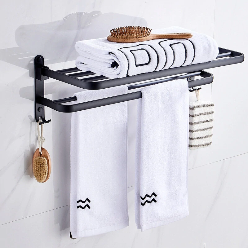 Black wall-mounted rust-proof and stable towel rack, easy to install bathroom shelf