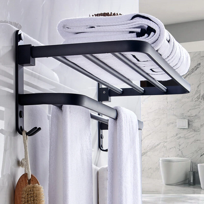 Black wall-mounted rust-proof and stable towel rack, easy to install bathroom shelf