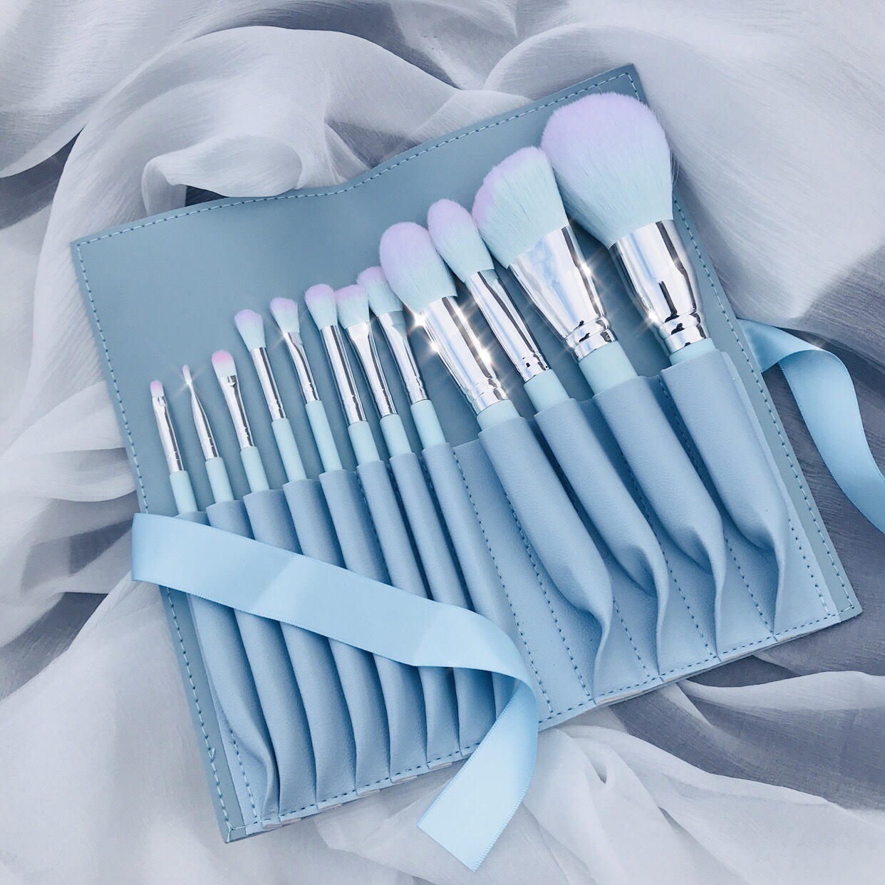 12Pcs Makeup Brush Set Blue&Pink Eye Shadow Brush Bling Makeup Brushes Set