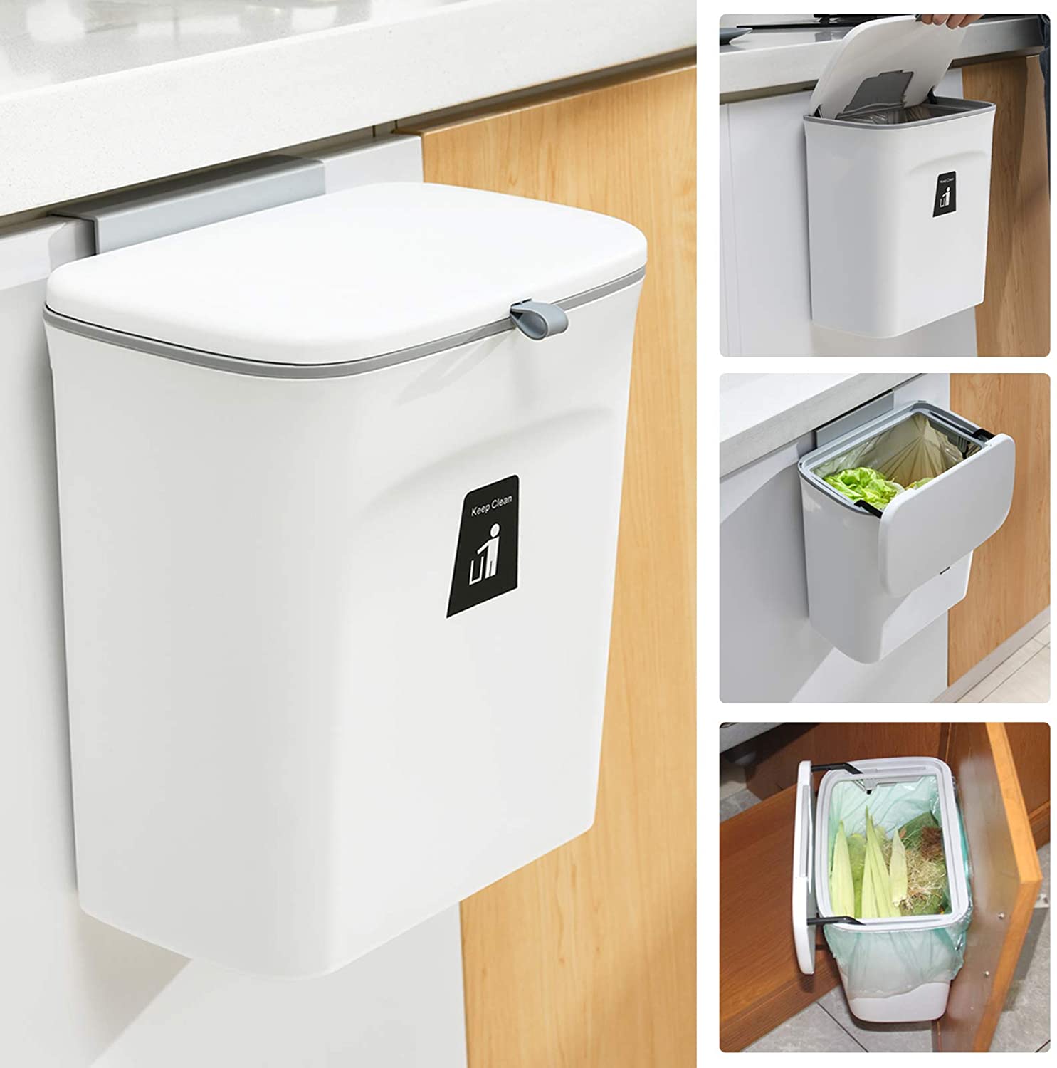 2.4 Gallon Kitchen Compost Bin for Counter Top or Under Sink, Hanging Small Trash Can with Lid for