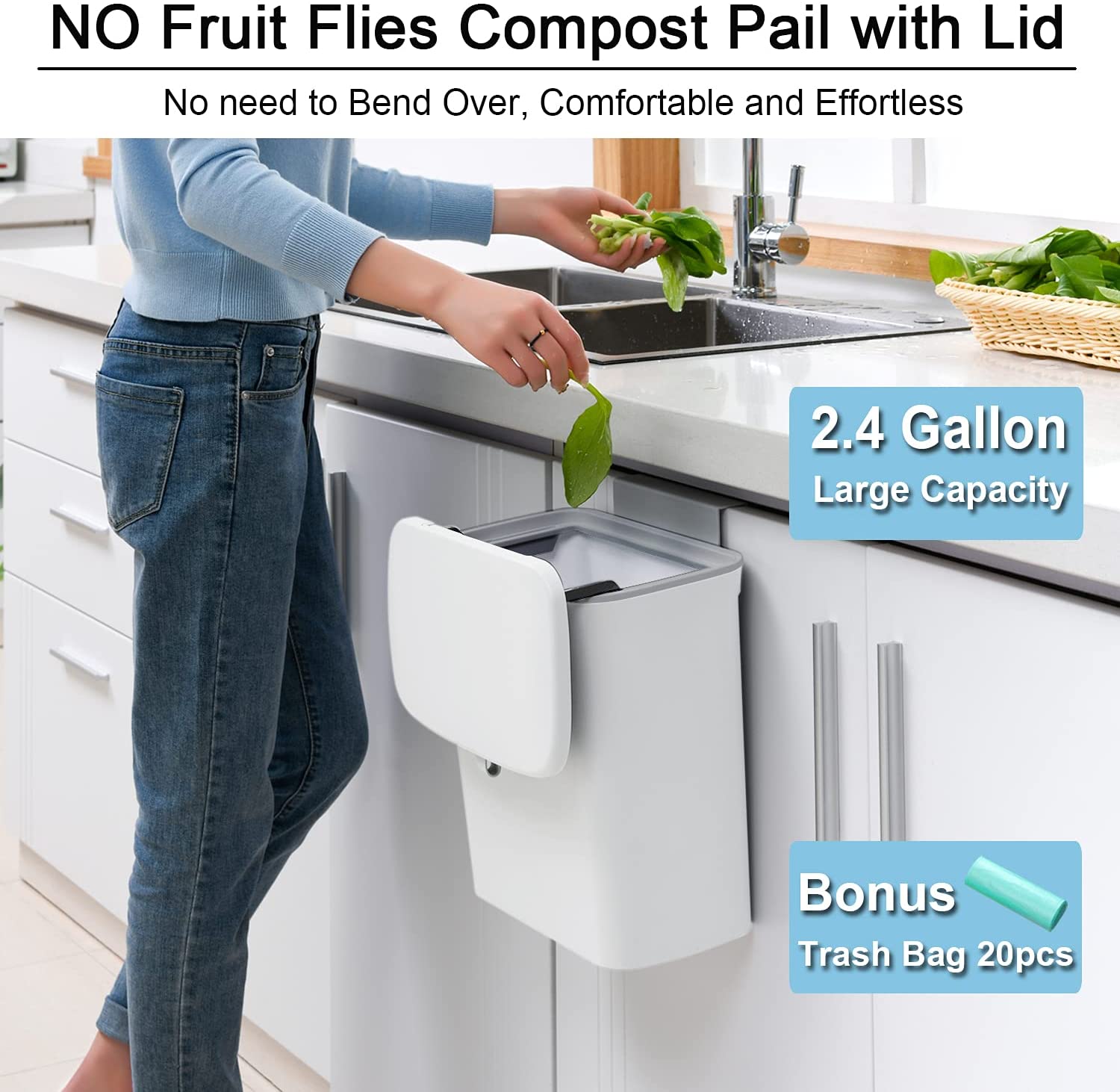2.4 Gallon Kitchen Compost Bin for Counter Top or Under Sink, Hanging Small Trash Can with Lid for
