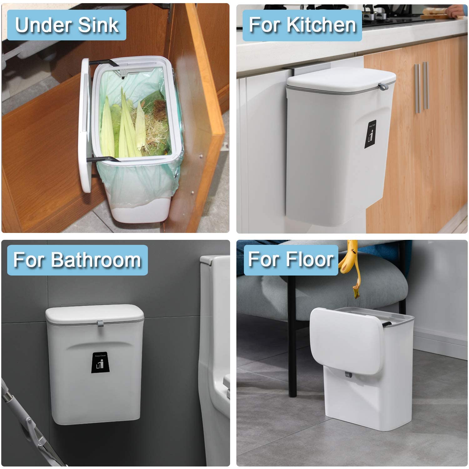 2.4 Gallon Kitchen Compost Bin for Counter Top or Under Sink, Hanging Small Trash Can with Lid for