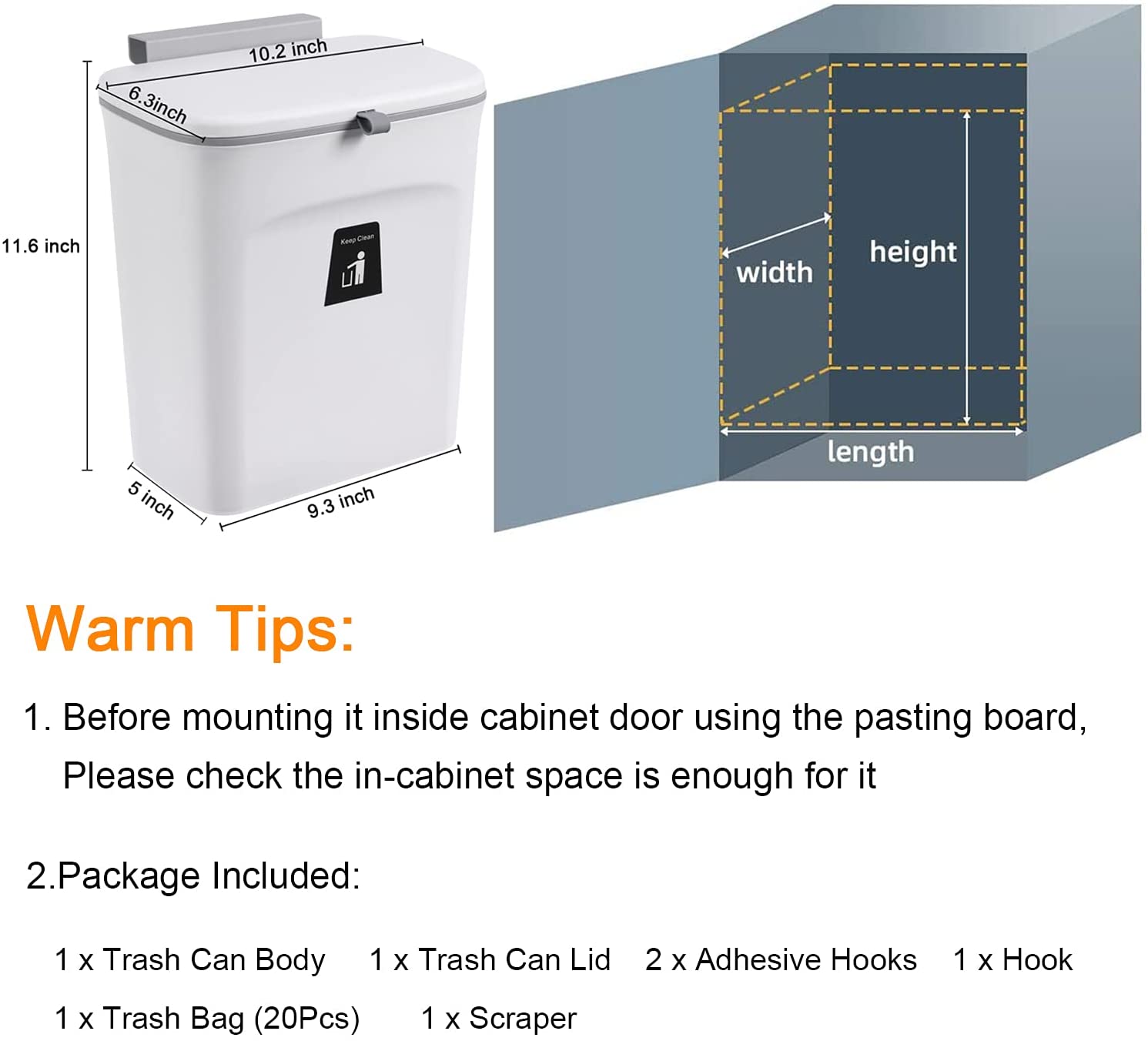 2.4 Gallon Kitchen Compost Bin for Counter Top or Under Sink, Hanging Small Trash Can with Lid for