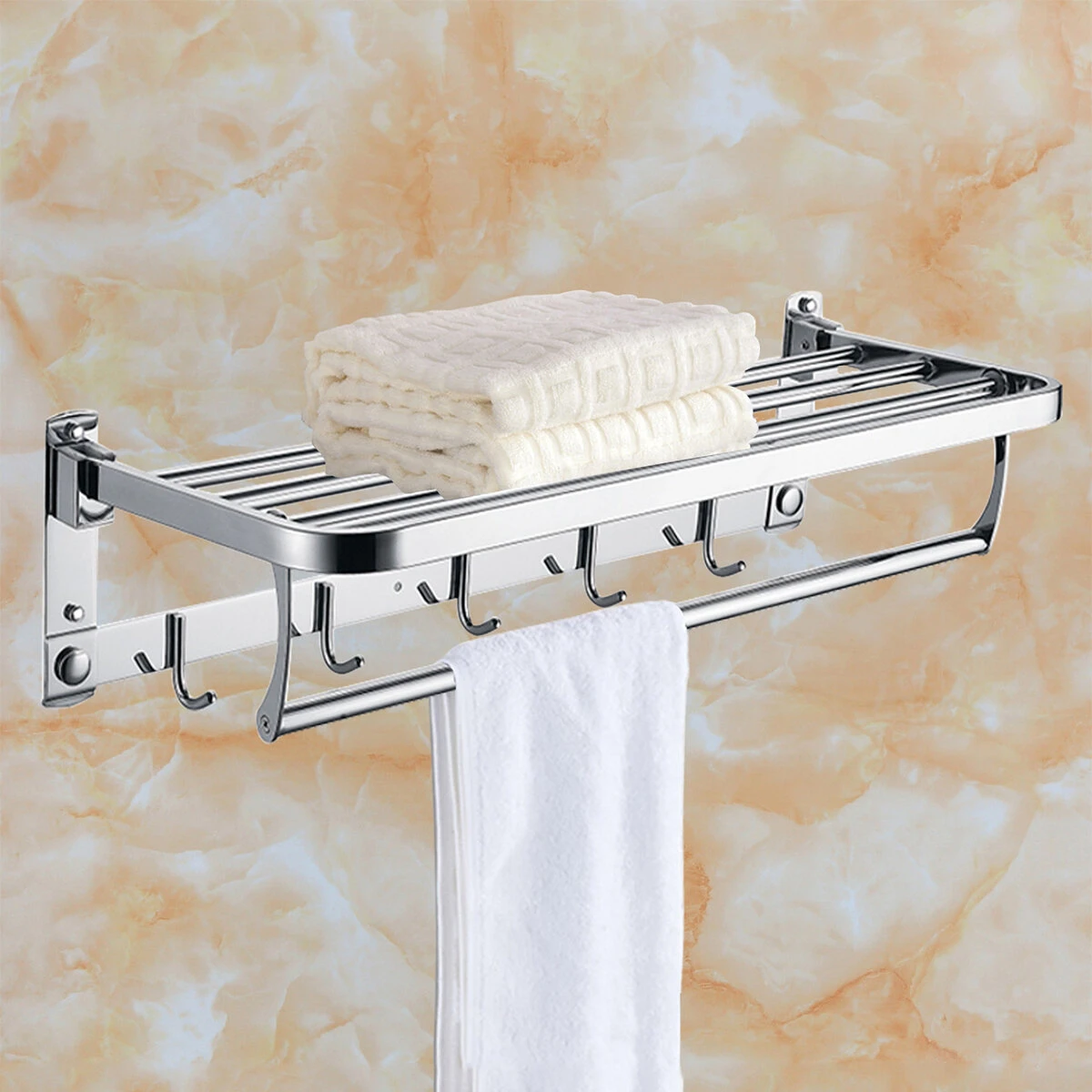 304 Stainless Steel Double Towel Rail Rack Shelf Wall Mounted Bathroom With 5 Hook