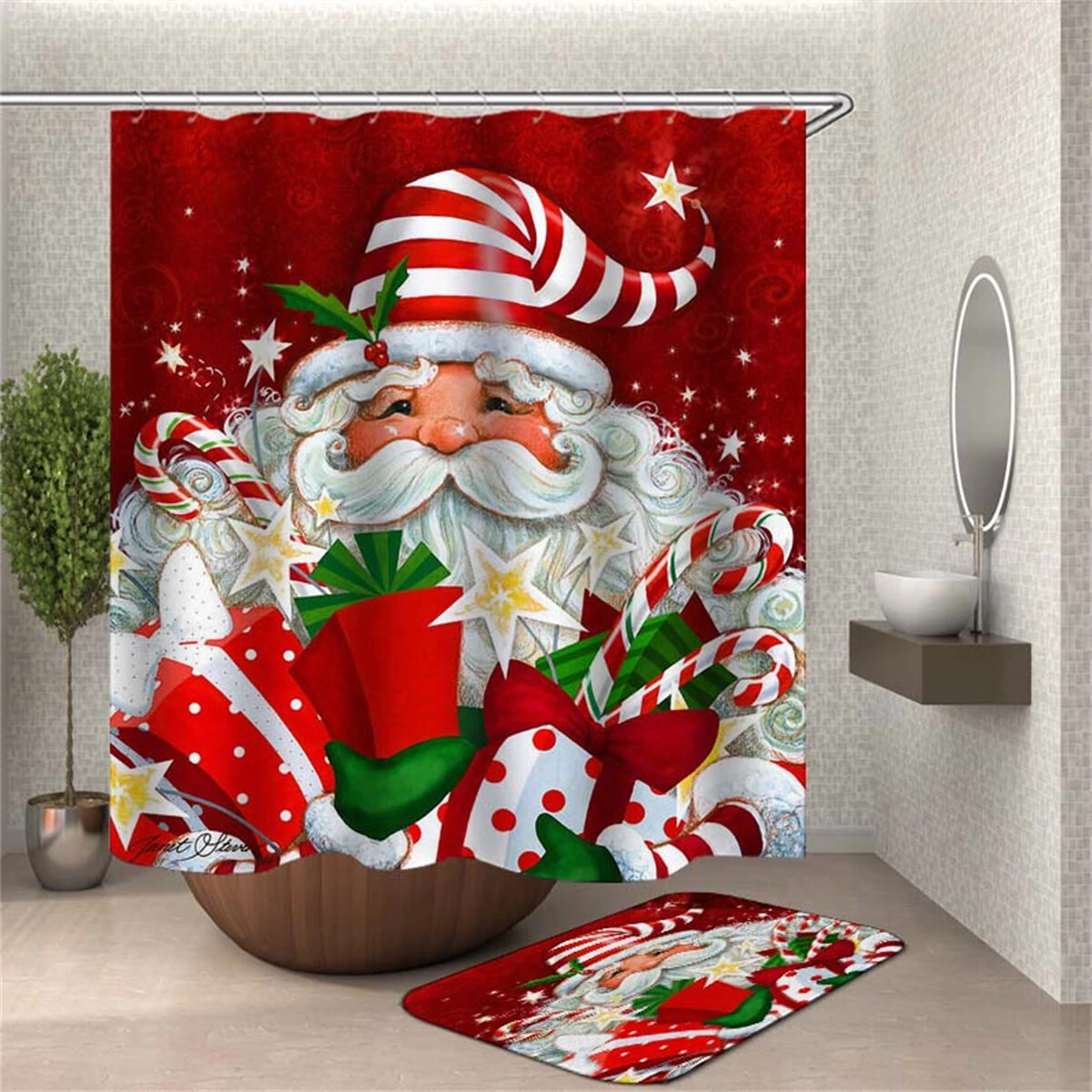 Santa Claus Waterproof Shower Curtain Christmas Anti-slip Bath Mat Toilet Mat Set Christmas