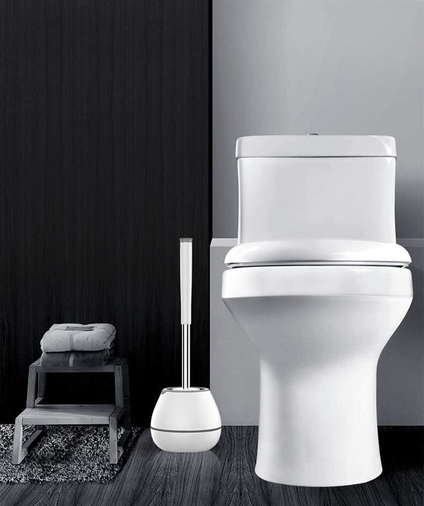 Toilet Brush , Silicone Bristles Bathroom Cleaning Bowl Brush Kit with Tweezers - White