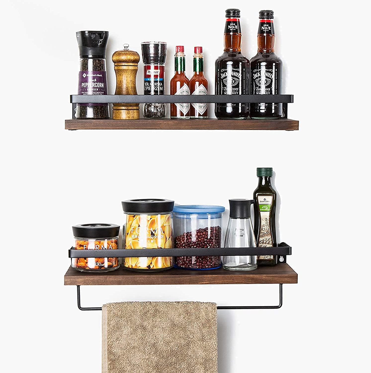 Set of 2 Brown Color Floating Shelves Wall Mounted Storage Shelves for Kitchen Bathroom