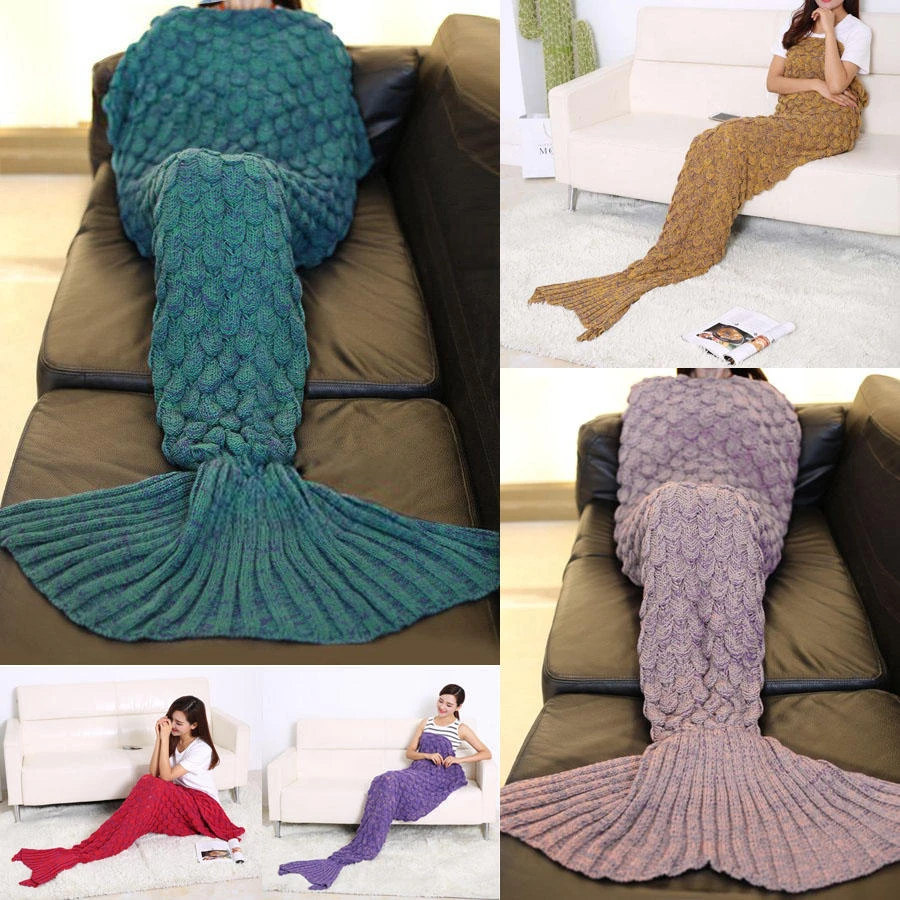95x90cm Yarn Knitted Mermaid Tail Blankets Handmade Crochet Throw Super Soft Sofa Bed Mat