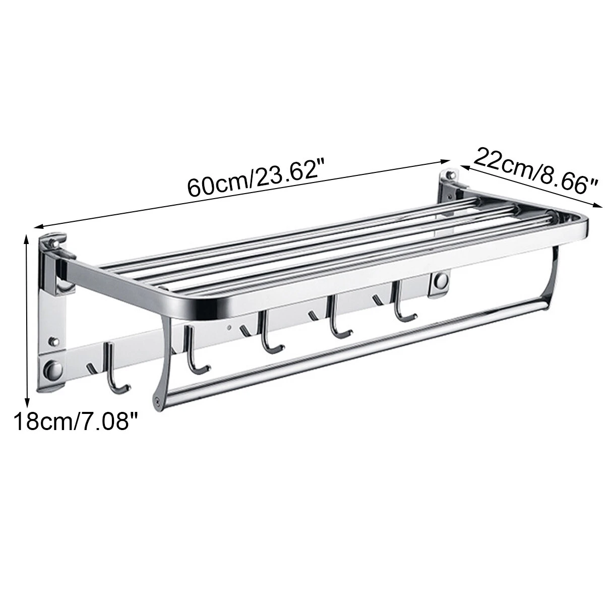 304 Stainless Steel Double Towel Rail Rack Shelf Wall Mounted Bathroom With 5 Hook