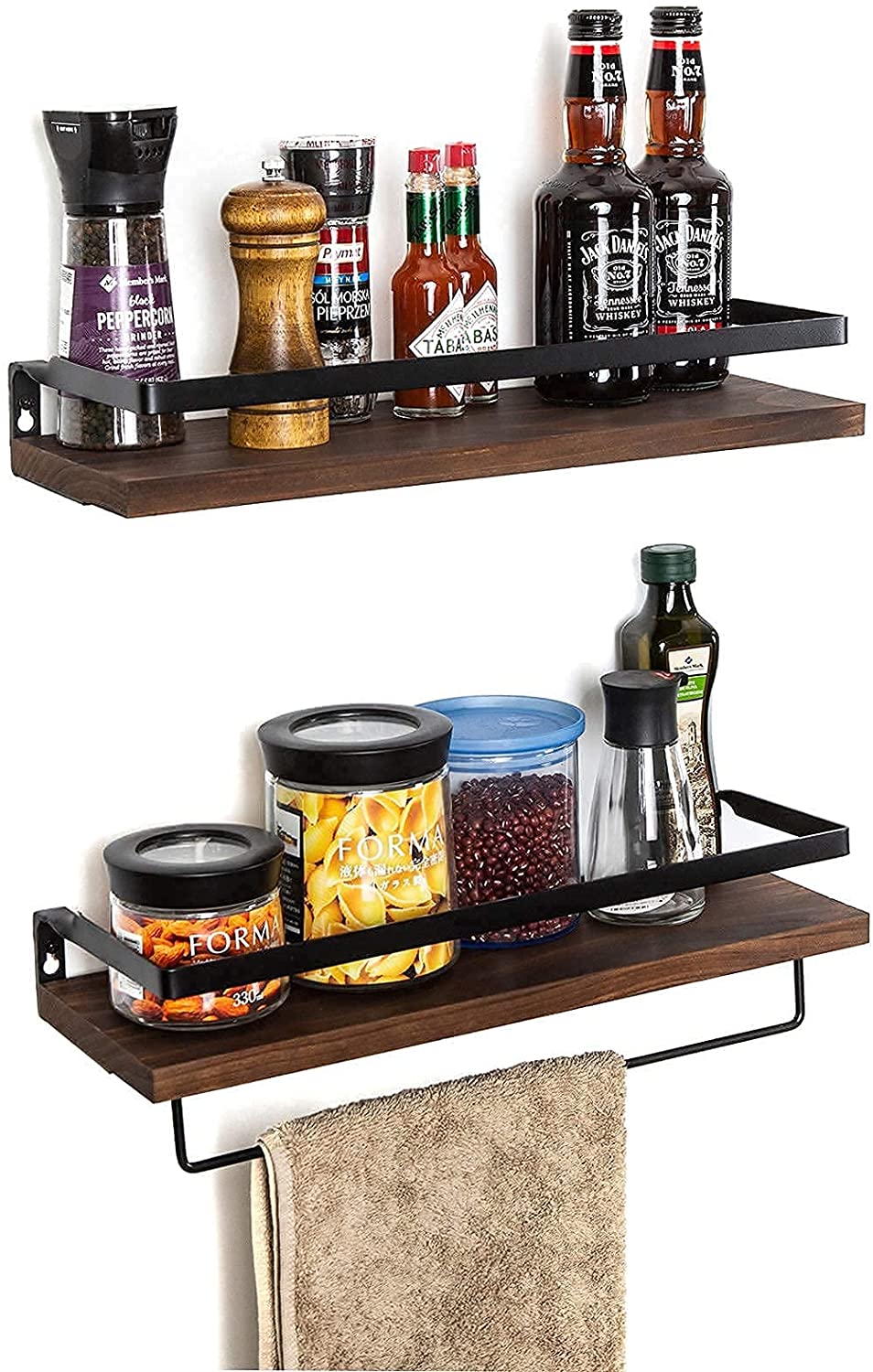Set of 2 Brown Color Floating Shelves Wall Mounted Storage Shelves for Kitchen Bathroom