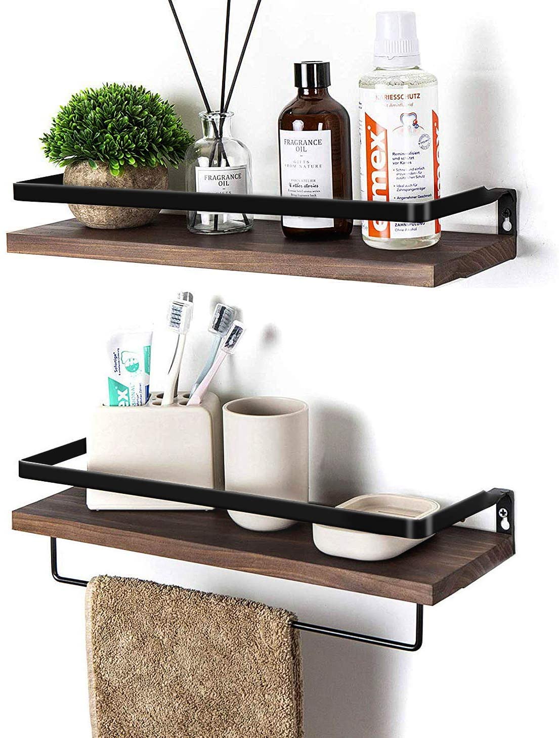 Set of 2 Brown Color Floating Shelves Wall Mounted Storage Shelves for Kitchen Bathroom