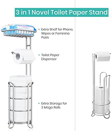 Toilet Paper Holder Stand Tissue Paper Roll Dispenser with Shelf for Bathroom Storage Holds